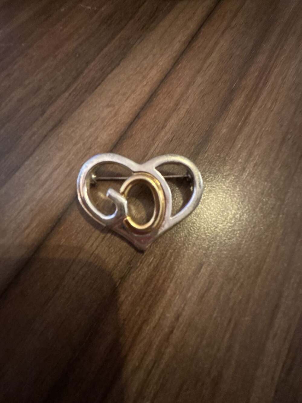 Vintage SJ Two Tone Heart GOD Brooch Pin Silver And Gold Tone